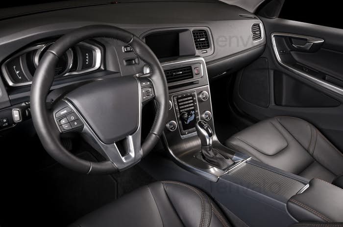 Car dashboard, modern luxury interior, steering wheel